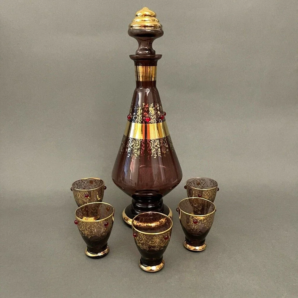 Vintage Bohemia Glass Bottle‎ Decanter 5 Cups Purple Gold